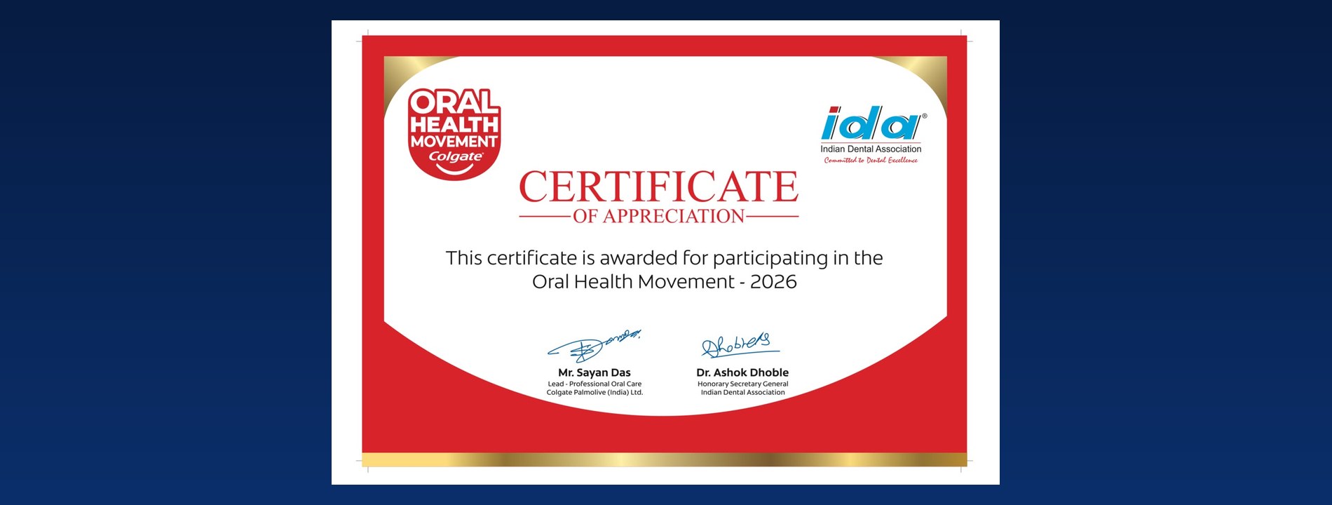 Certificate of Appreciation from the Indian Dental Association and Colgate Oral Health Movement